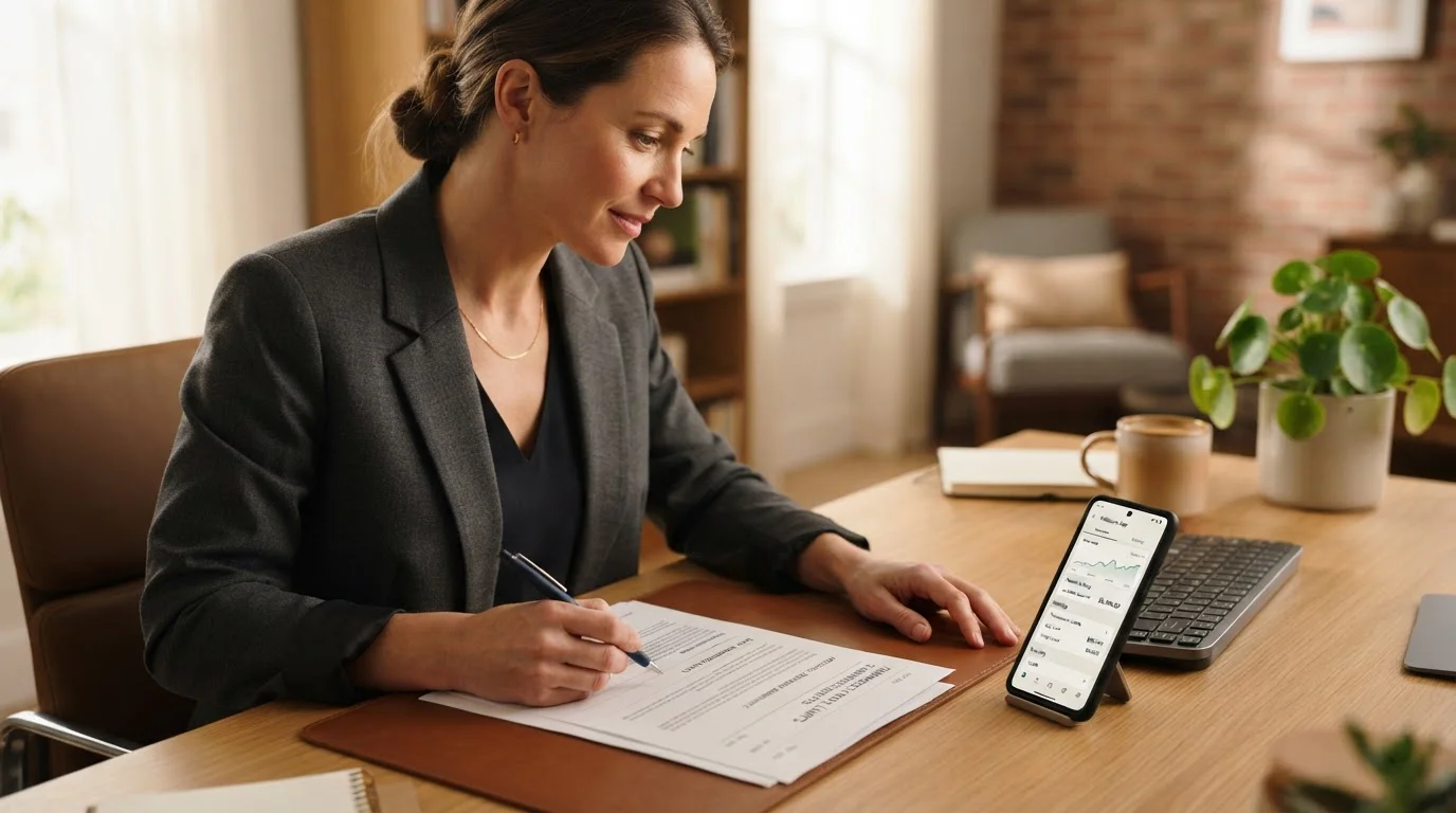 Person reviewing financial documents with smartphone showing transaction limits