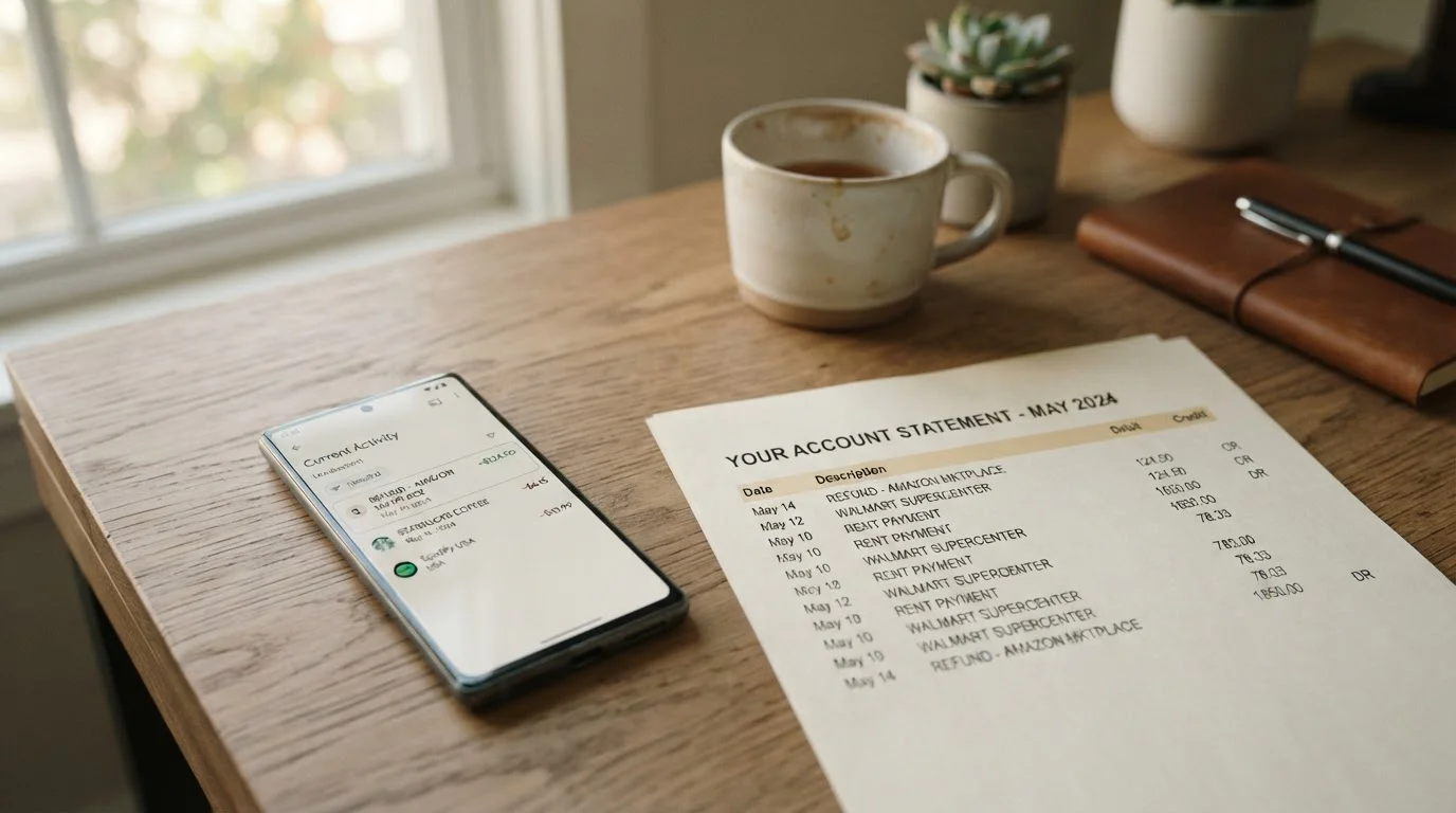 Desk scene with smartphone showing banking app and statement with refund transaction