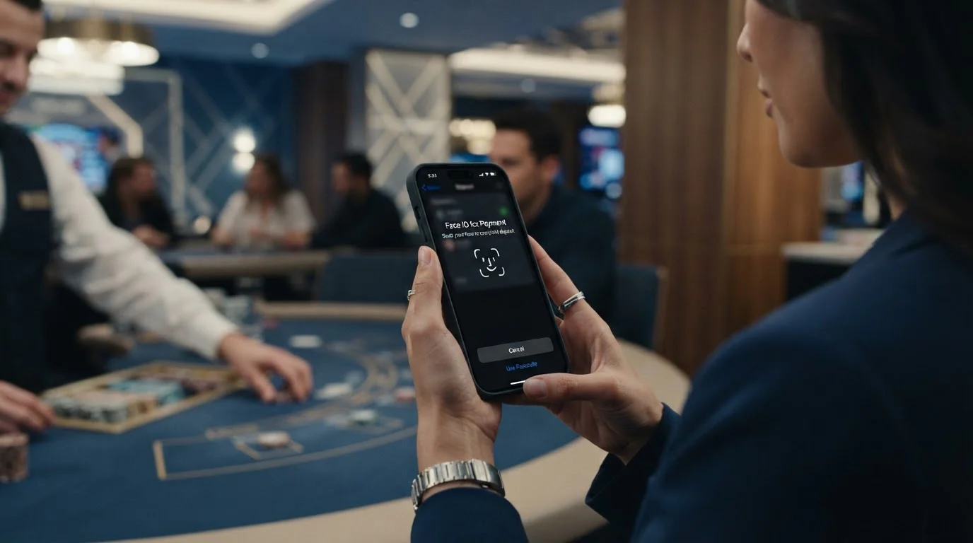 iPhone screen showing Apple Pay authentication with Face ID prompt for casino deposit