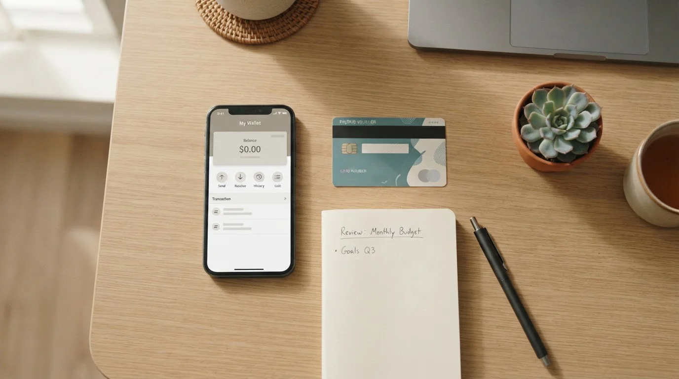 Prepaid voucher card and a smartphone e-wallet interface laid out on a tidy desk