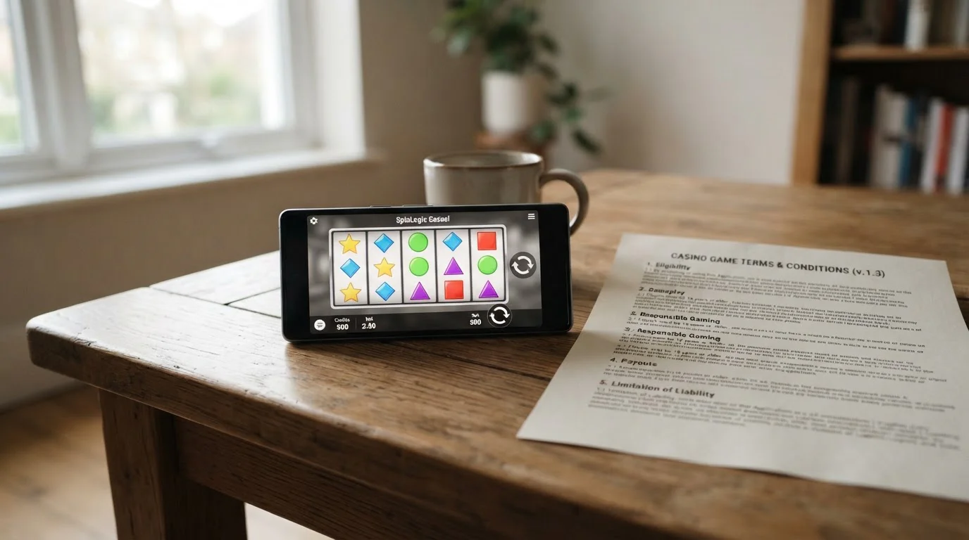 Smartphone showing generic slot reels beside a bonus terms document on a table