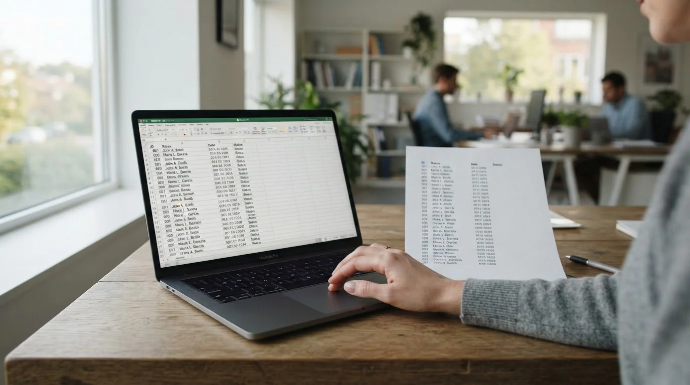 Hand comparing a licence register on a laptop against a list of casino brand names