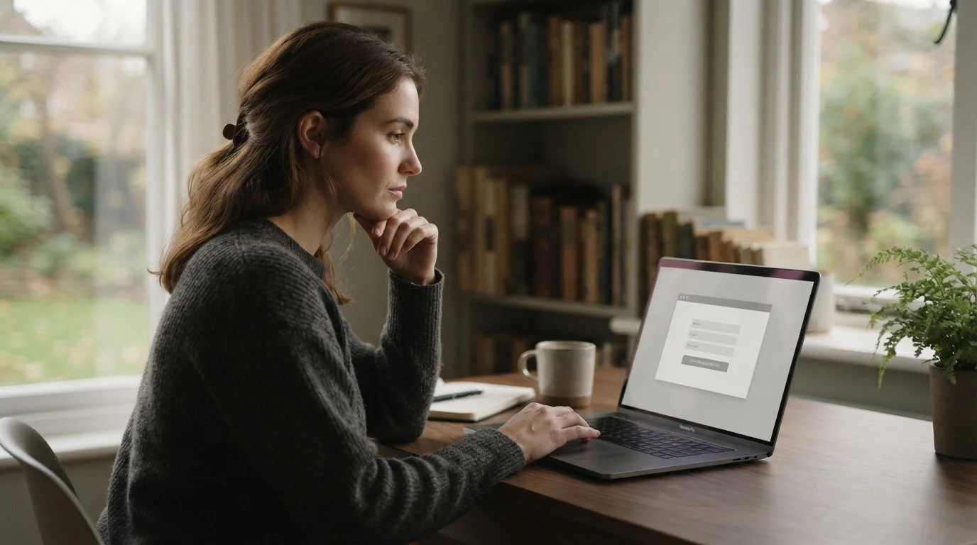 Person pausing at a self-exclusion registration screen on a laptop in a calm room