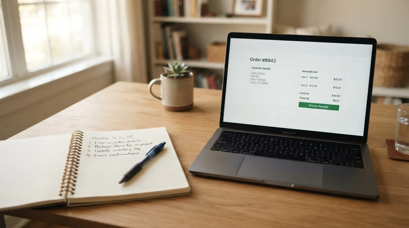 Notebook with a short checklist beside a laptop showing a neutral casino cashier page