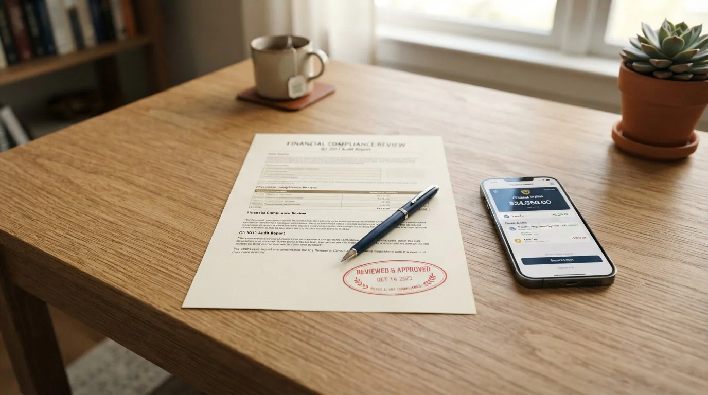 Financial regulator document about an e-money firm on a desk with a phone showing a wallet app