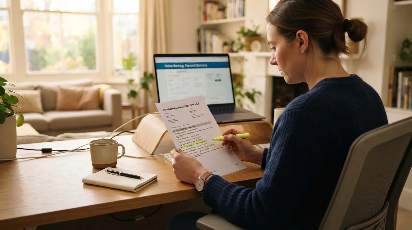 Person at desk reviewing printed bank transfer instructions with reference number highlighted