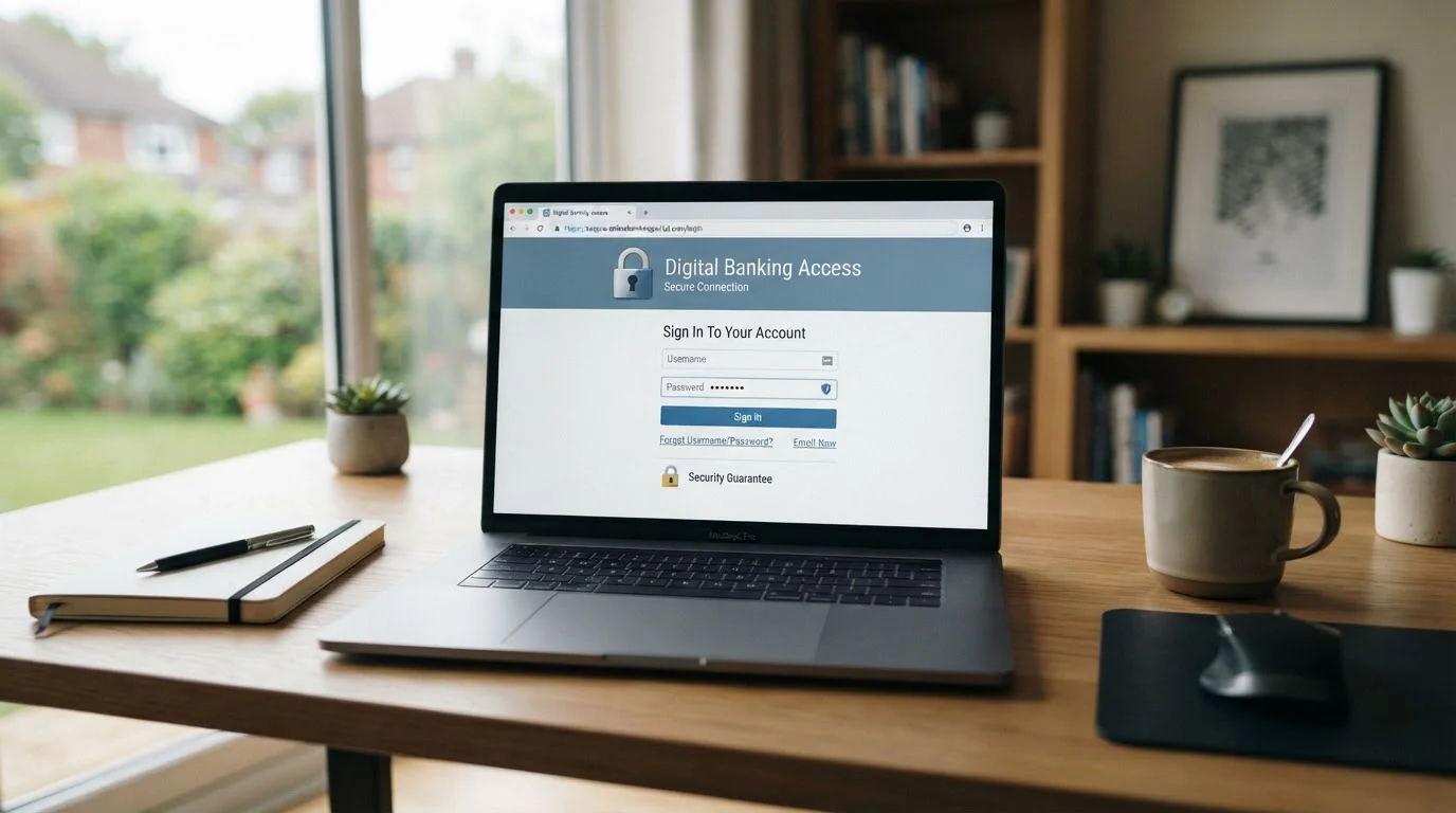 Laptop screen showing online banking authentication page with security padlock