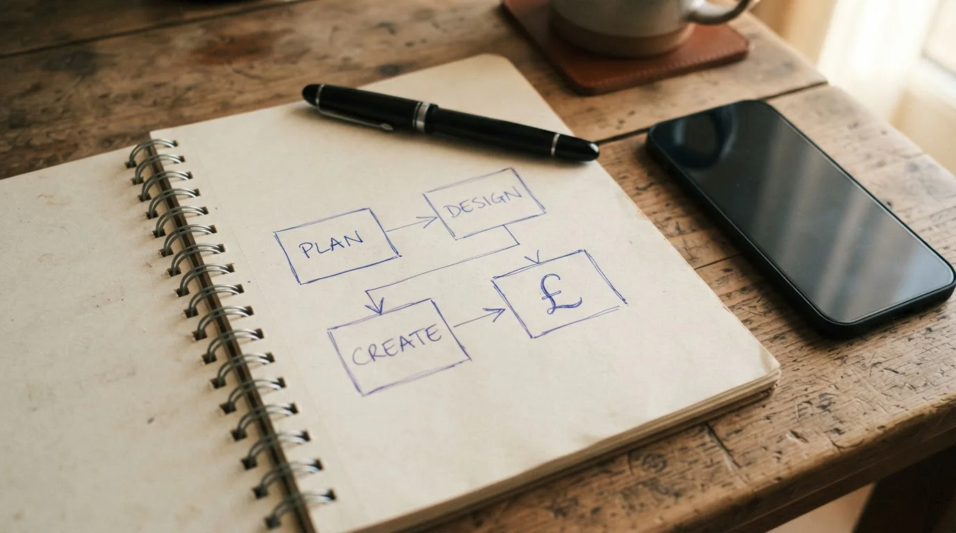Four steps of converting Bitcoin Cash into pounds for a casino deposit sketched on a notepad