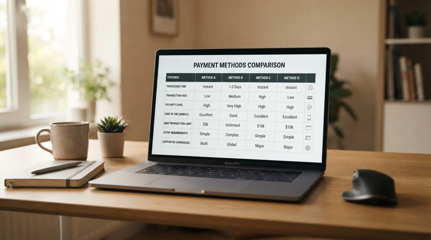 Comparison chart of payment methods with fees and withdrawal support