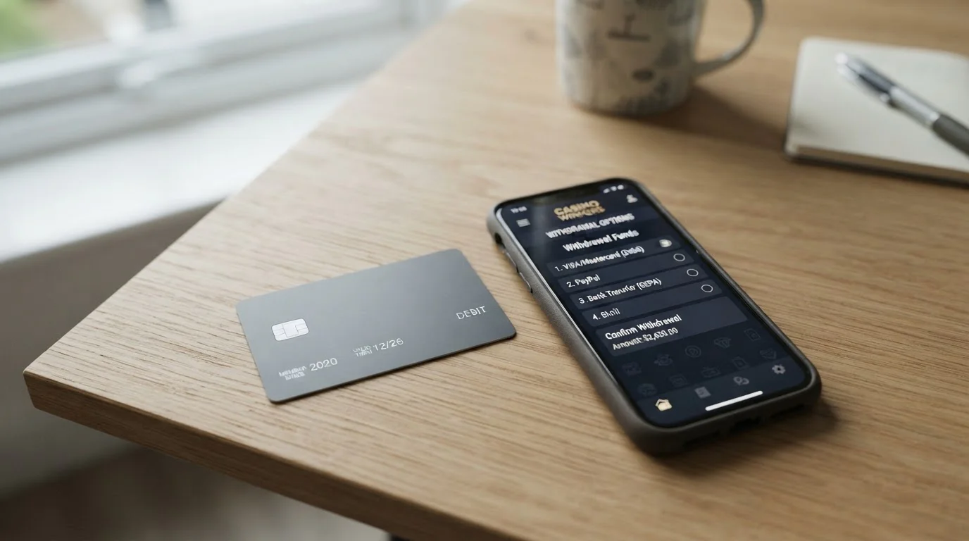Debit card and mobile phone on desk showing casino withdrawal options