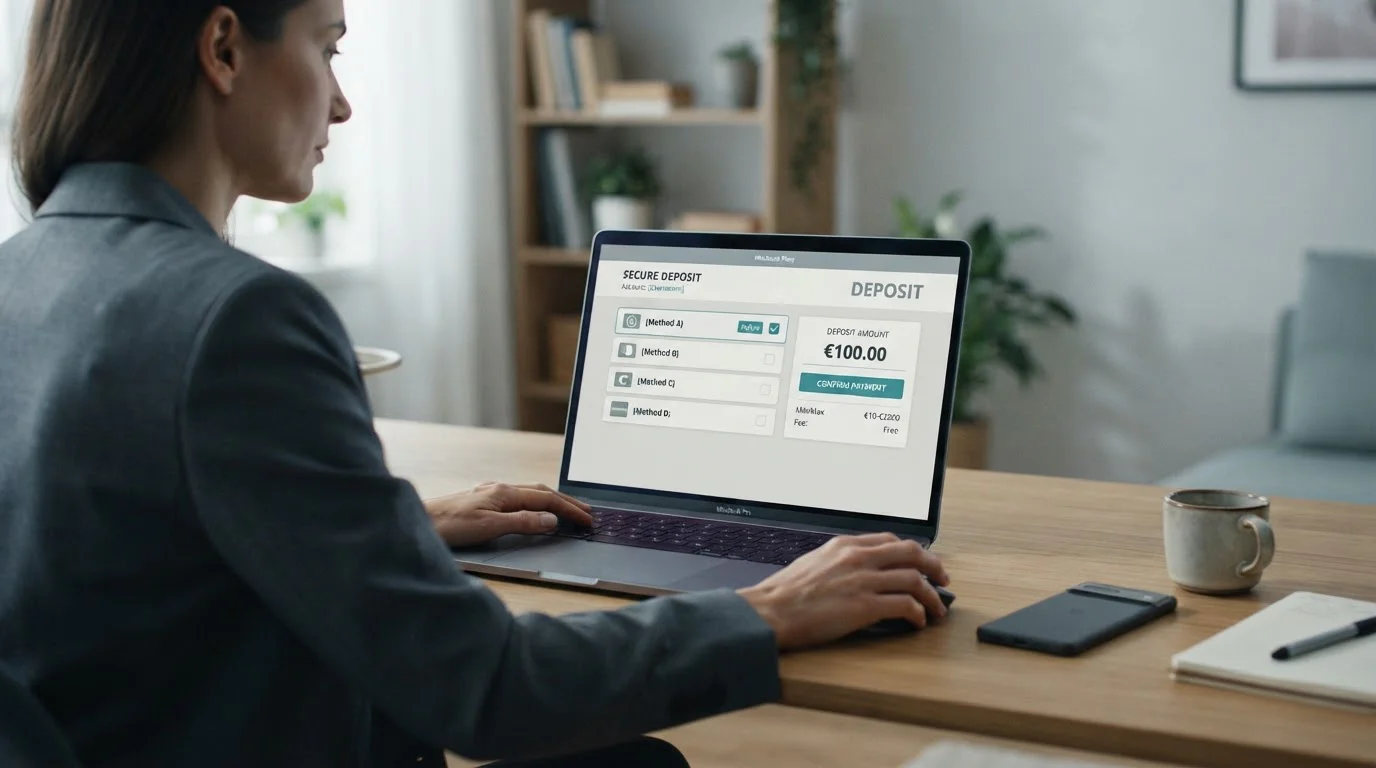 Laptop screen showing a casino banking page with payment methods listed and a deposit amount being checked
