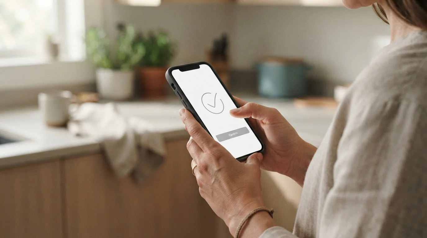 Hands holding a smartphone showing a plain mobile wallet payment confirmation screen