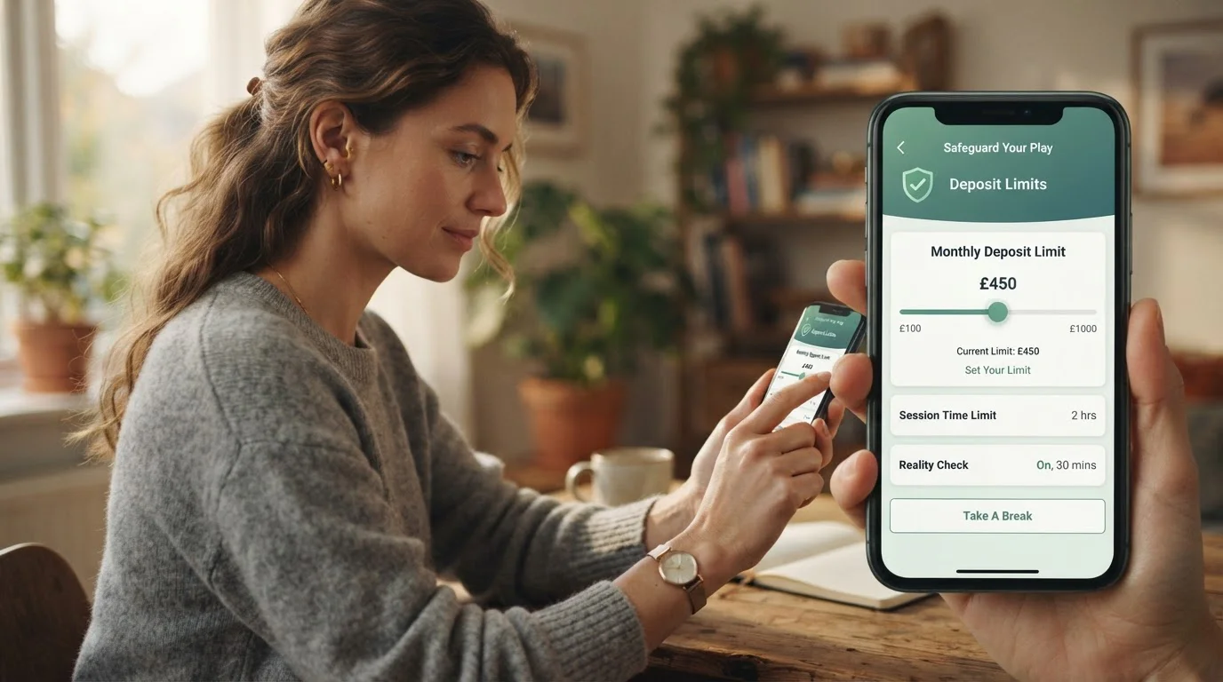 Person setting deposit limits on smartphone with responsible gambling interface