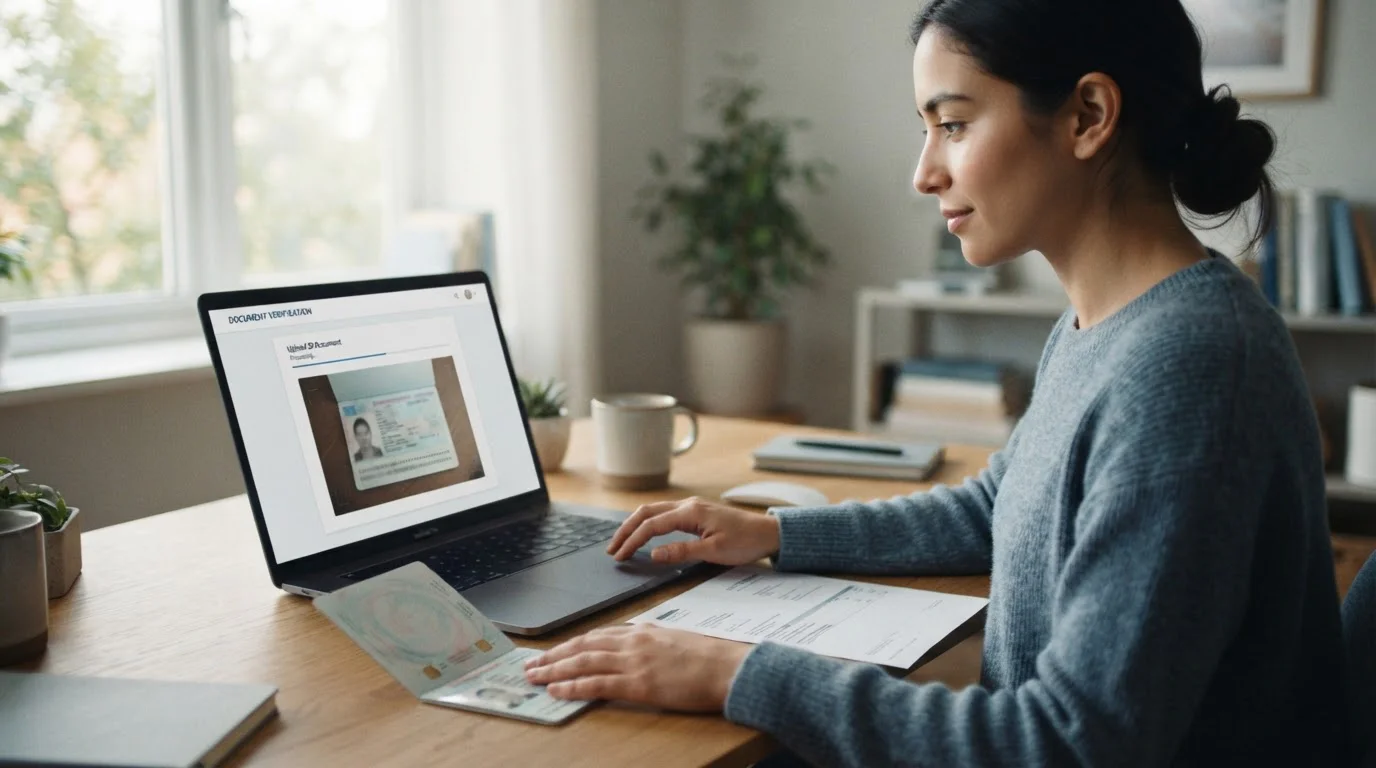 Person uploading identity and proof-of-address documents on a laptop for casino account verification