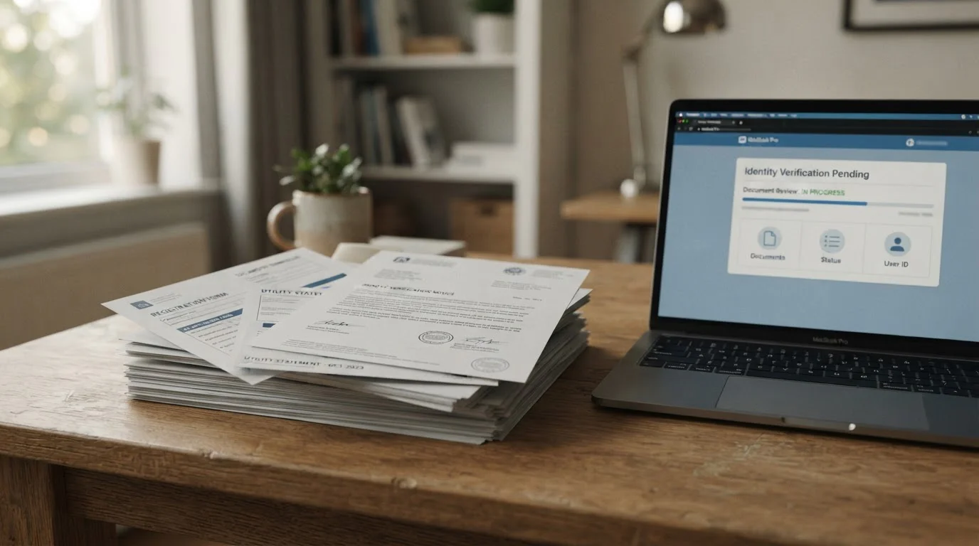 Neat stack of identity and proof-of-address documents next to a laptop on a desk