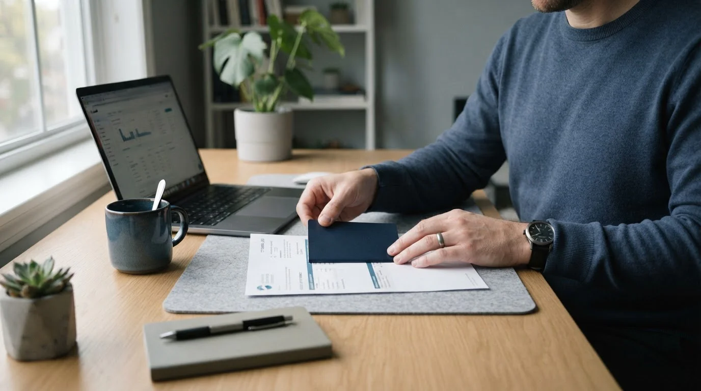Person organising identity and address documents next to a laptop on a clean desk