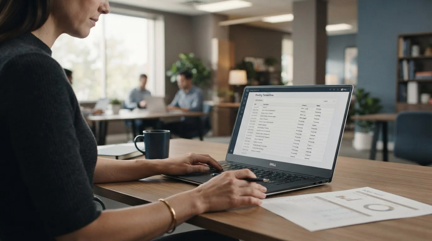 A calm office desk with a laptop showing a withdrawal queue and a person reviewing a document