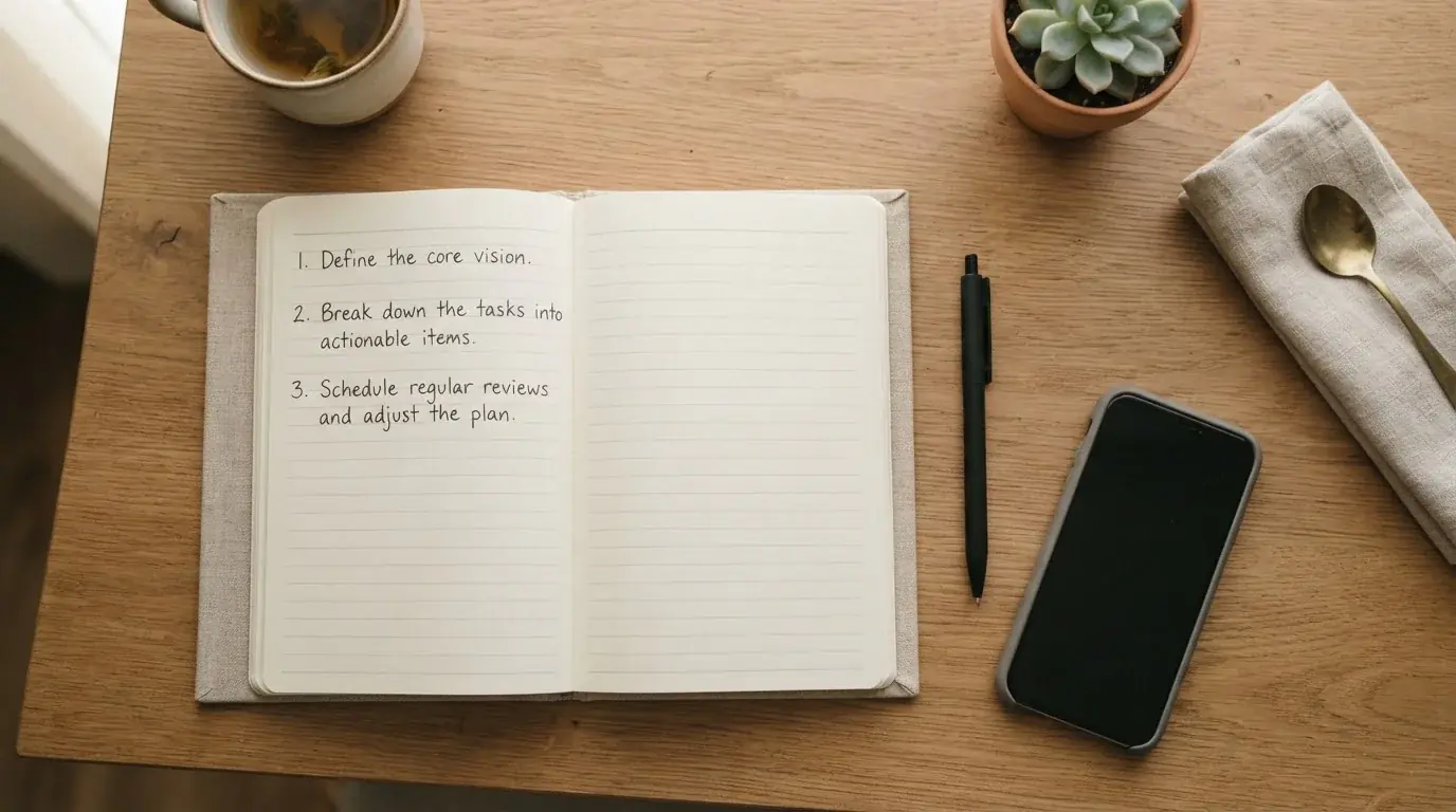 Flat lay of a notebook with three handwritten steps, a smartphone and a pen on a tidy desk