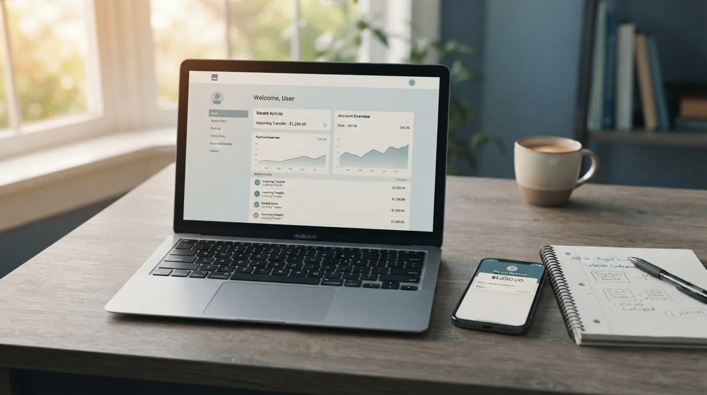 Laptop and phone on a desk showing a bank account statement with an incoming casino payout