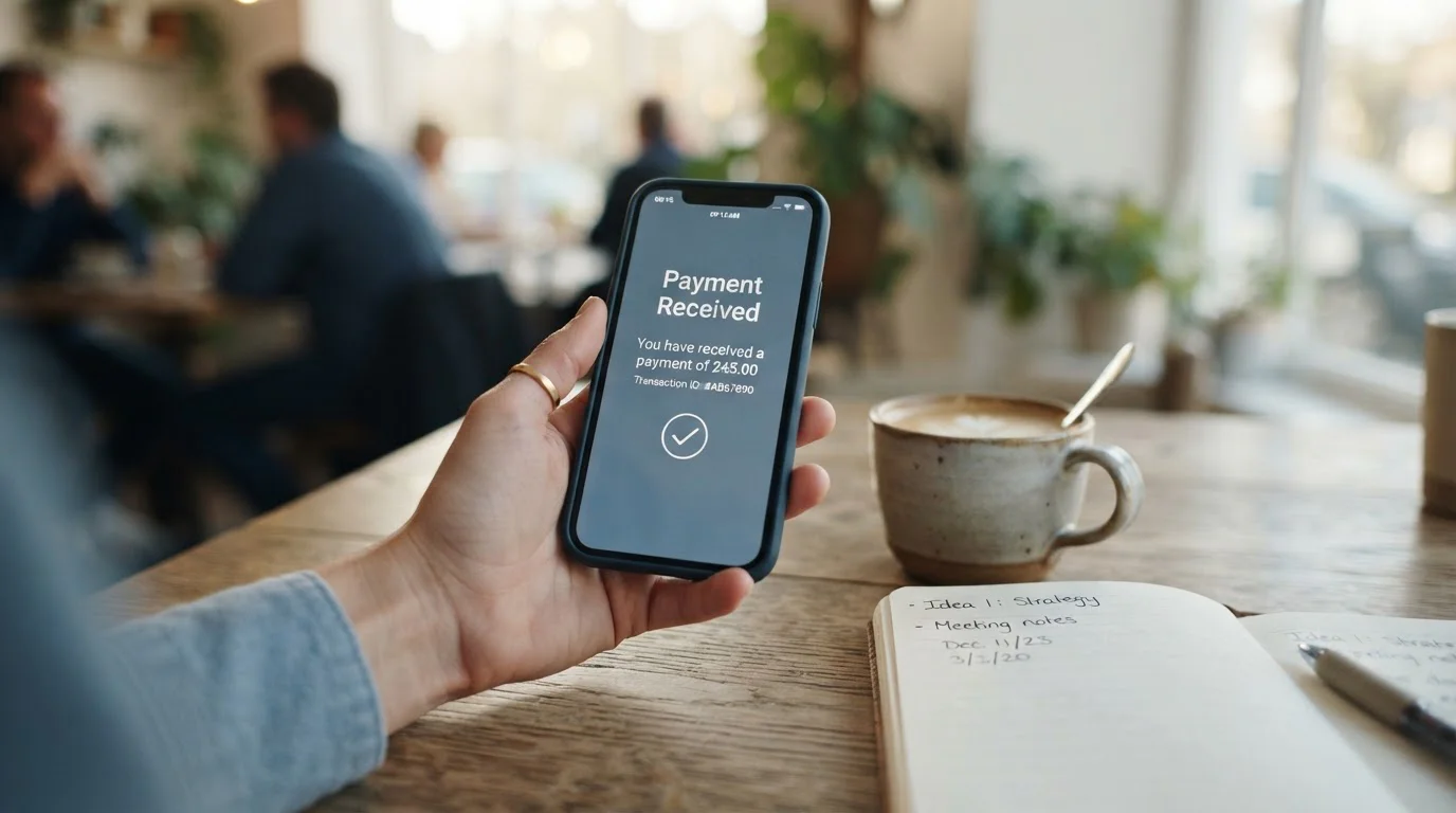 Hand holding a phone showing a mobile banking notification of a received payment beside a coffee cup