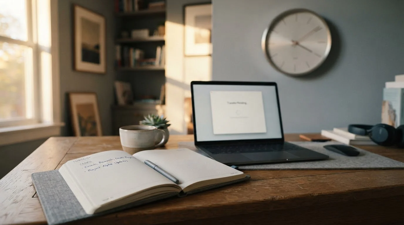 A notebook planner and a wall clock on a desk beside a laptop showing a pending transfer