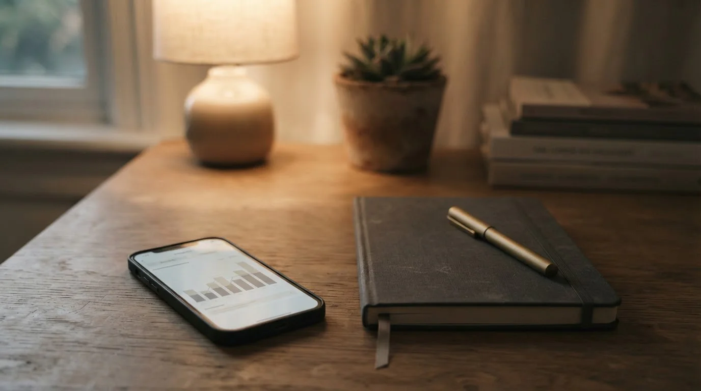 Calm desk scene with a smartphone showing a banking timeline and a notebook in warm indirect light