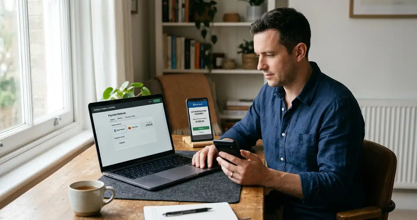 UK casino player on a laptop comparing bank payment options with a phone banking app open