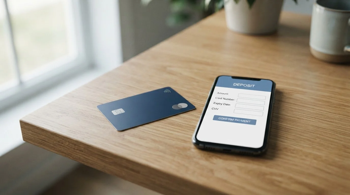 Visa debit card resting beside a smartphone showing a casino cashier deposit screen