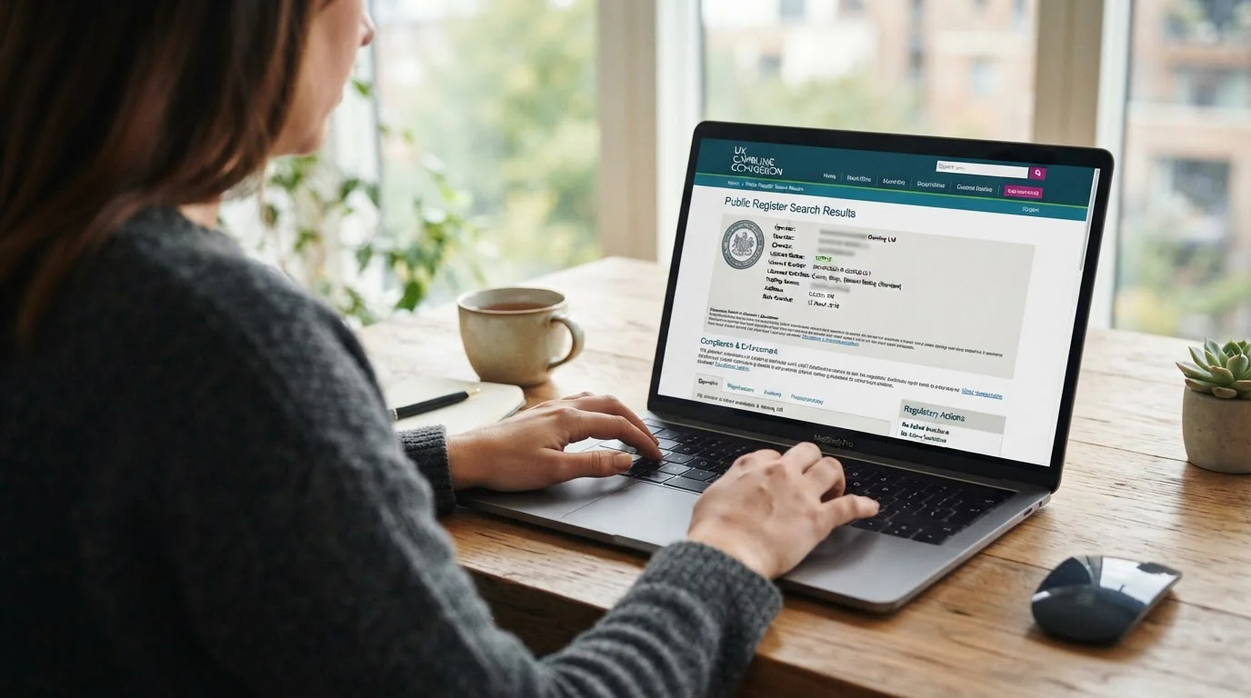 Person reviewing casino licence information on laptop