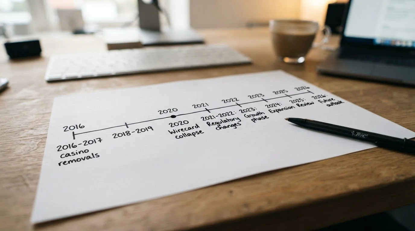 Timeline document showing Click2Pay decline from 2016 to 2026 with key dates marked