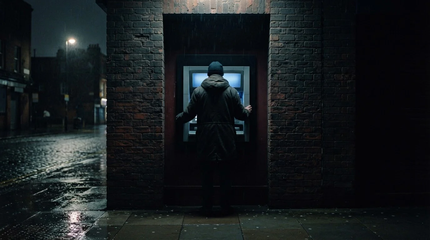 Person standing at an unbranded cash machine on a wet street at night