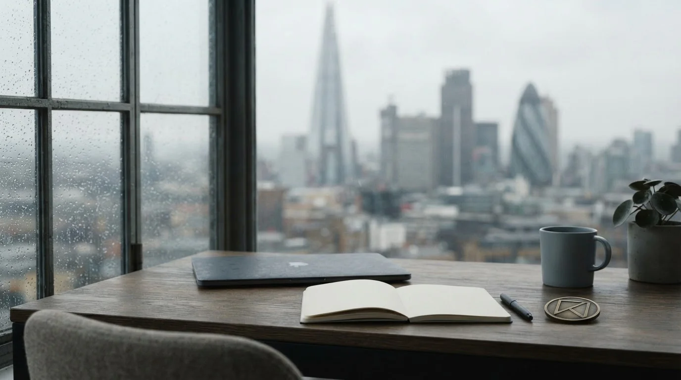 Calm London desk scene representing crypto casinos and UK gambling rules