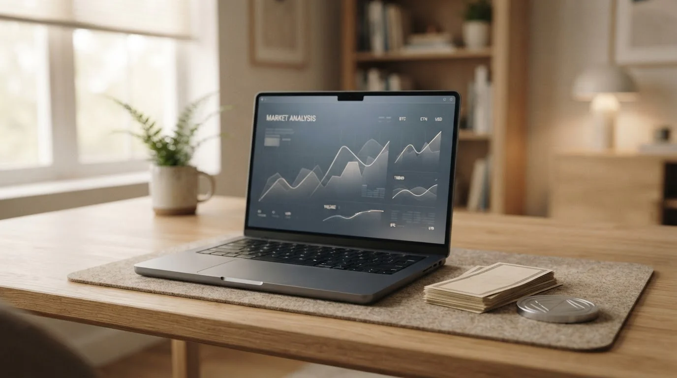 Laptop and neutral notes showing the crypto to pounds conversion route
