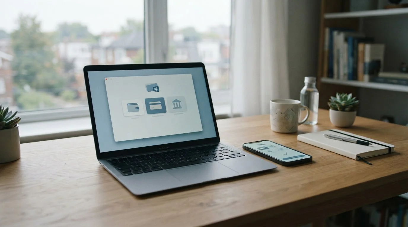 A laptop and phone on a desk showing debit-based casino payment options side by side