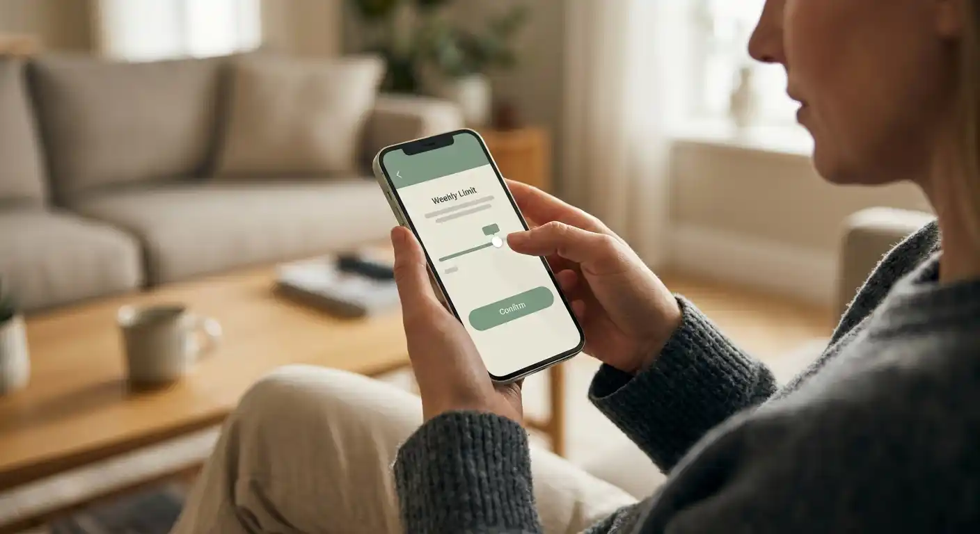 Person setting a weekly deposit limit on a phone showing a responsible-gambling control screen