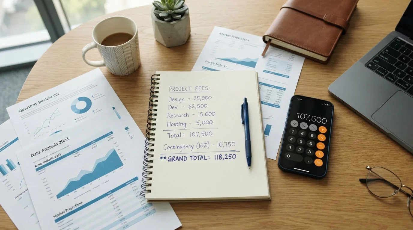 Calculator with pen and paper showing fee breakdown