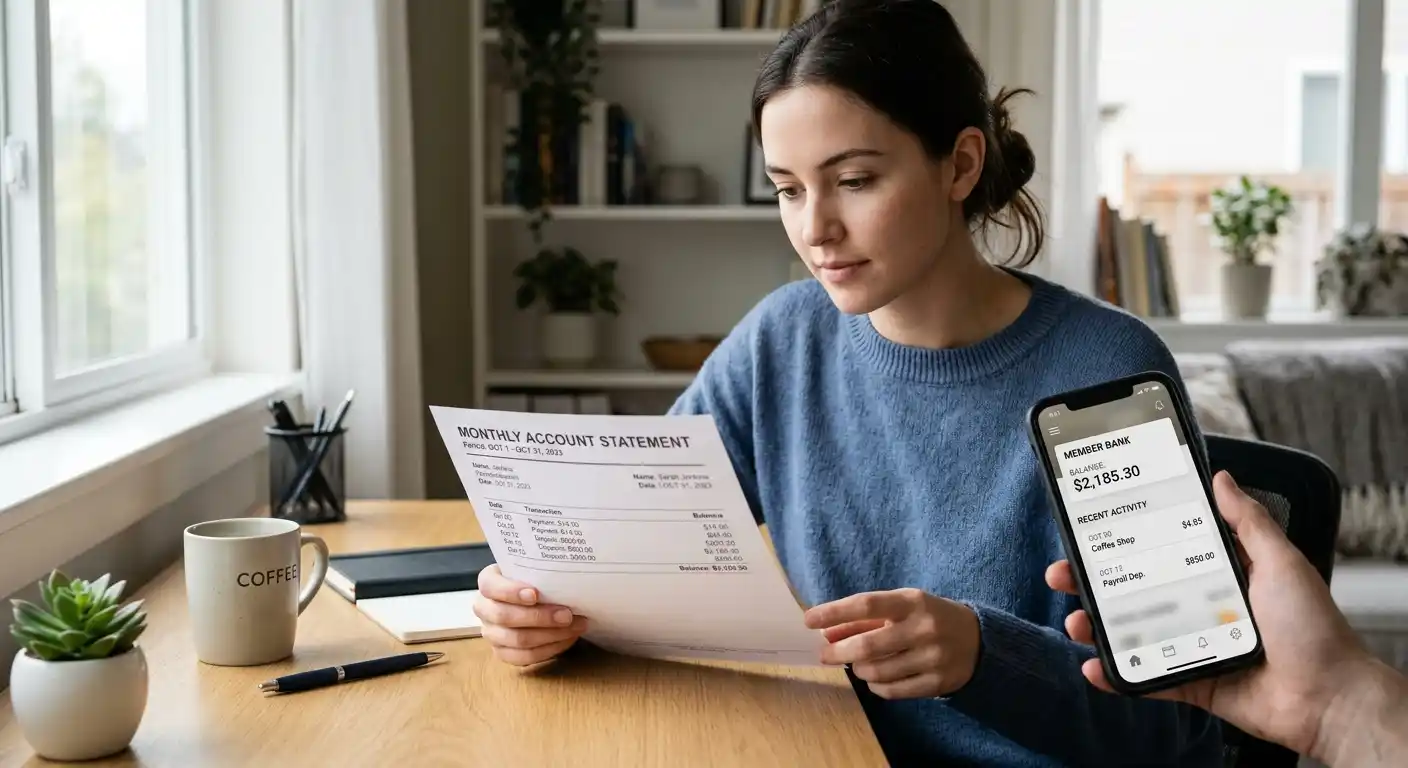 Person at a desk reviewing printed account statements beside a phone showing a banking app