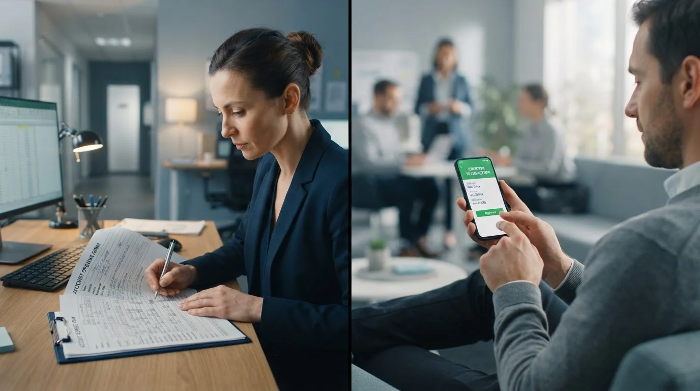 Split-screen illustration contrasting a manual bank transfer form with a one-tap open banking approval