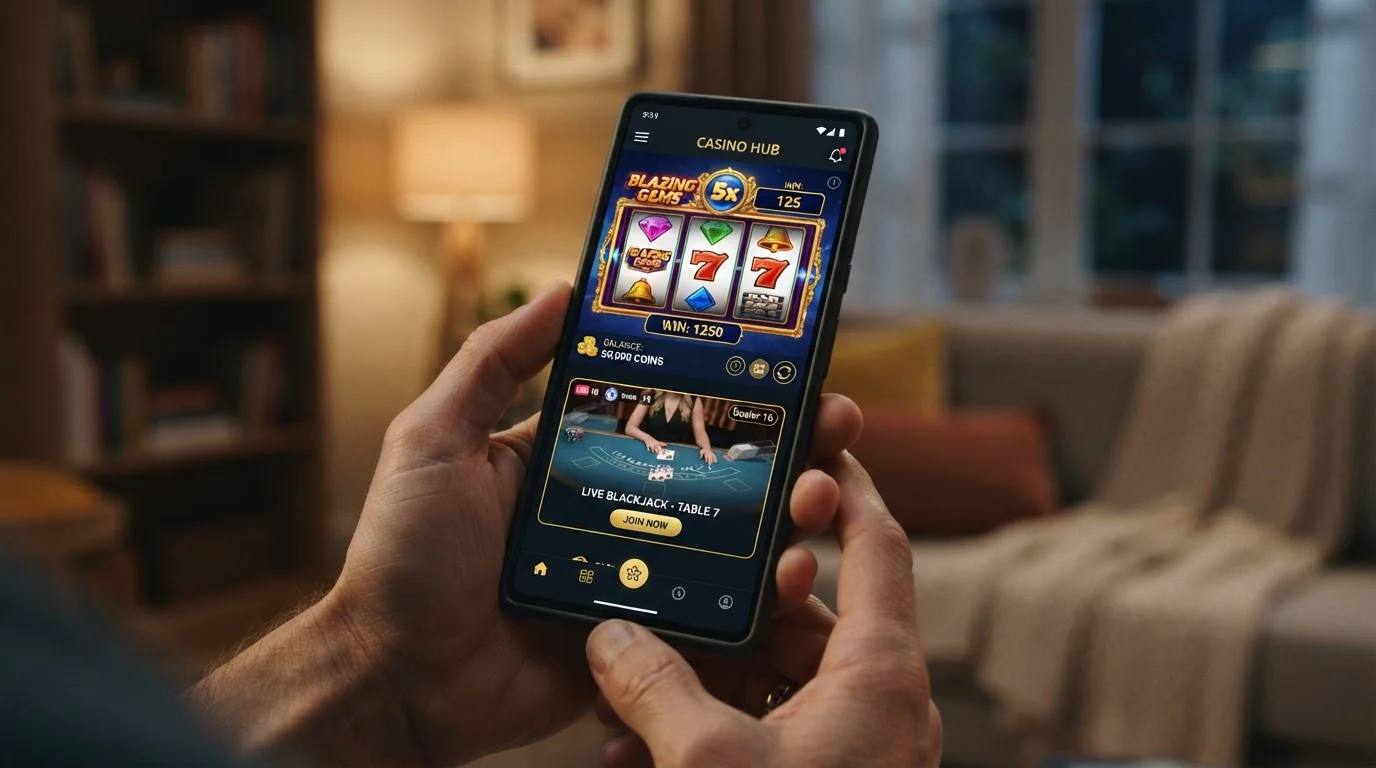Smartphone showing generic slot reels and a live-dealer table in a casino app