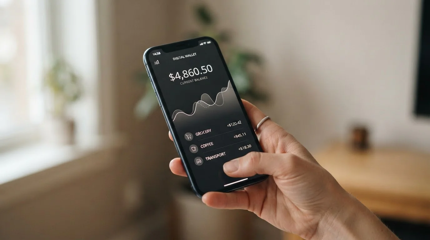 Hand holding a smartphone displaying an e-wallet balance screen in soft daylight