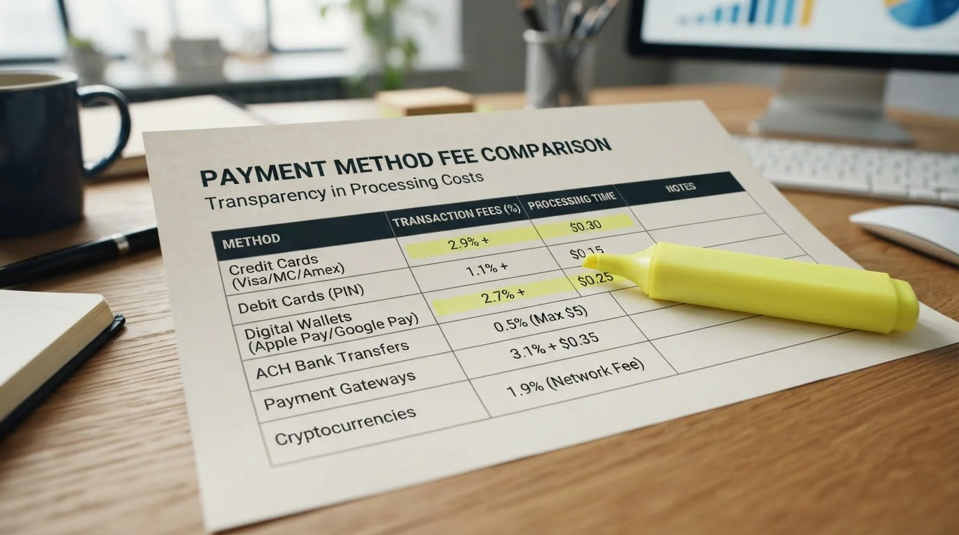 Comparison document showing payment method fees with highlighted sections