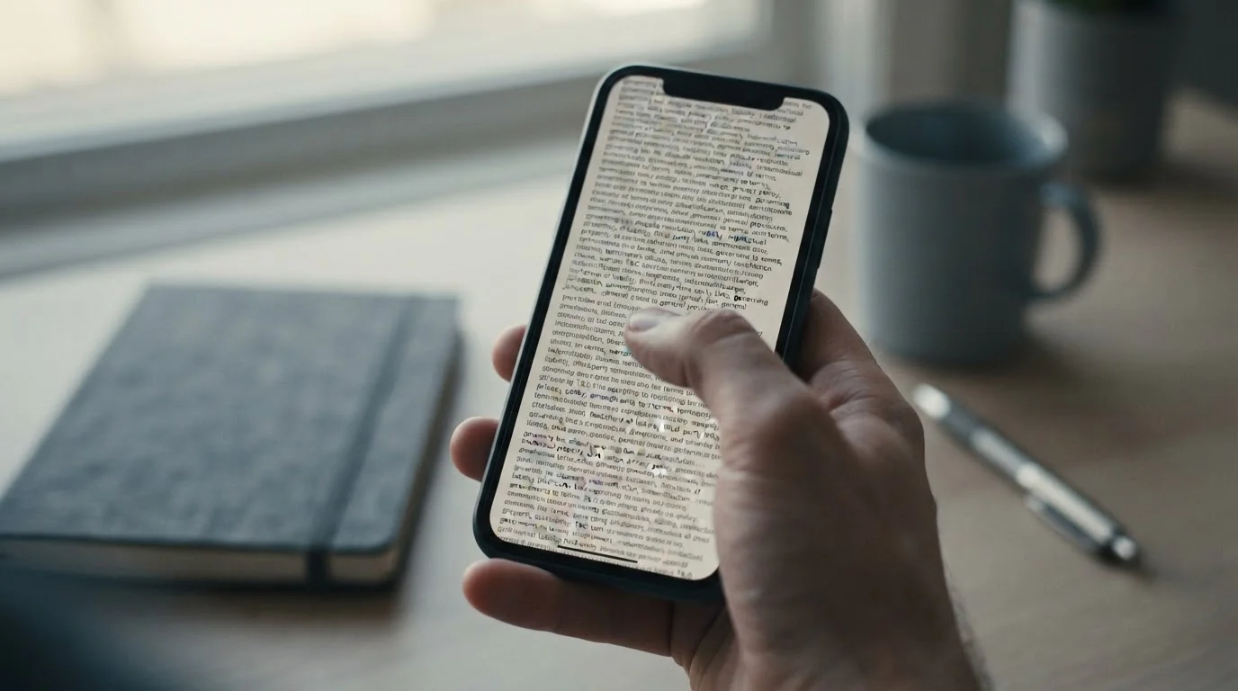 Hand holding a phone displaying dense promotional terms and conditions text