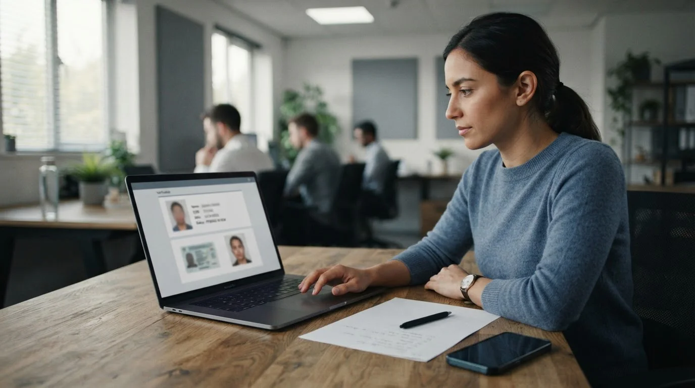 Person at a desk reviewing an identity verification request on a laptop with a document beside it