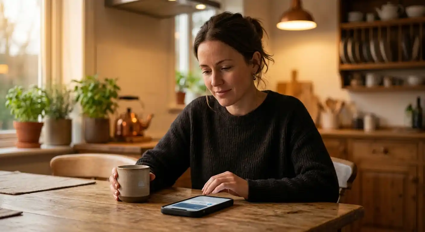 Person checking a phone wallet app showing an incoming transfer notification at a kitchen table