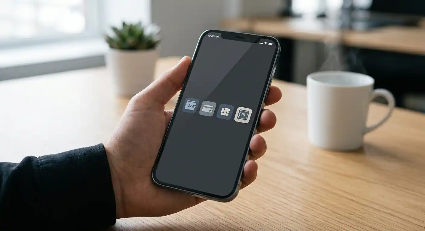 Row of generic digital wallet app icons on a phone screen held above a desk