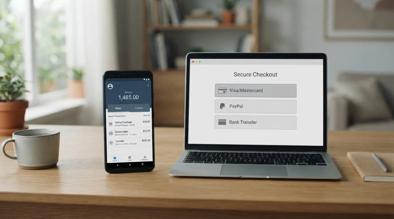 A smartphone showing a wallet app beside a laptop open on a payment-method selection screen