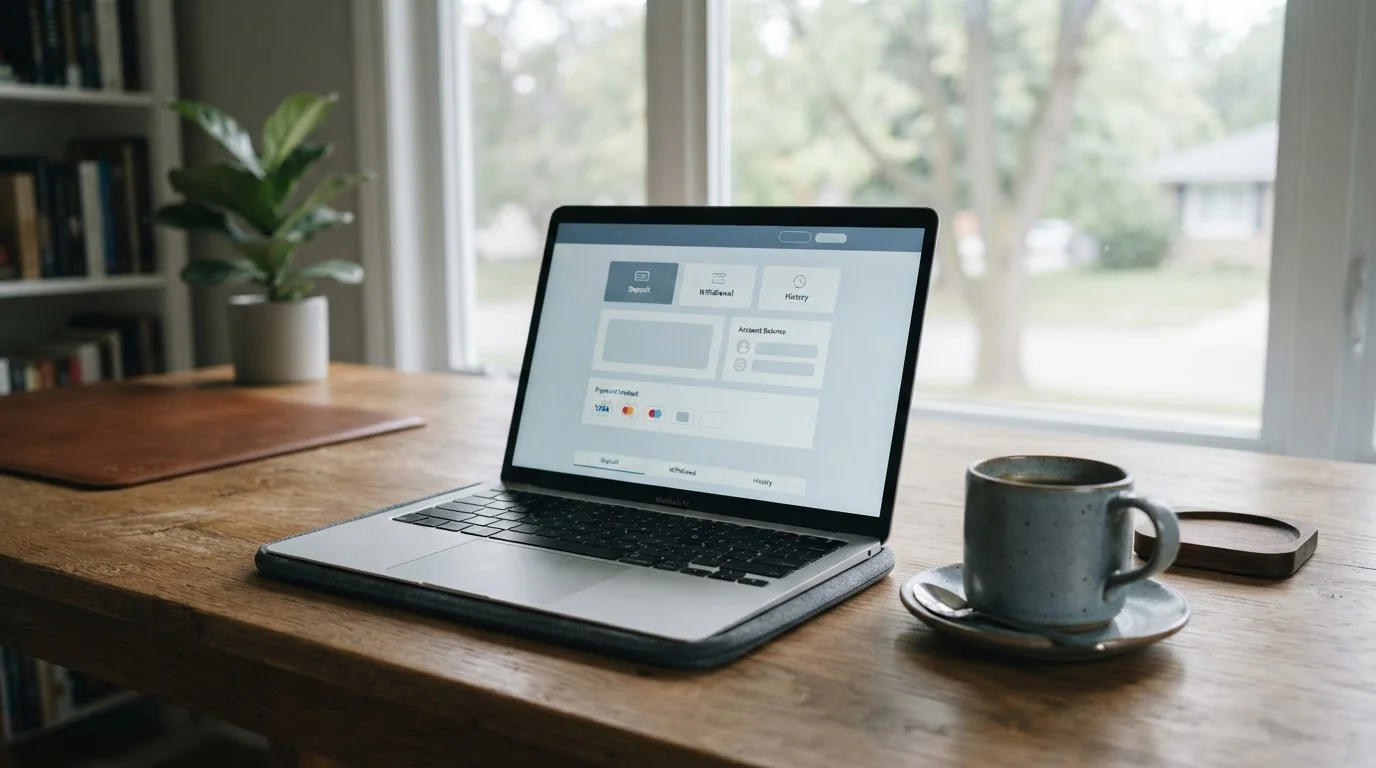 Laptop on a desk showing a neutral casino cashier page next to a cup of coffee in soft daylight