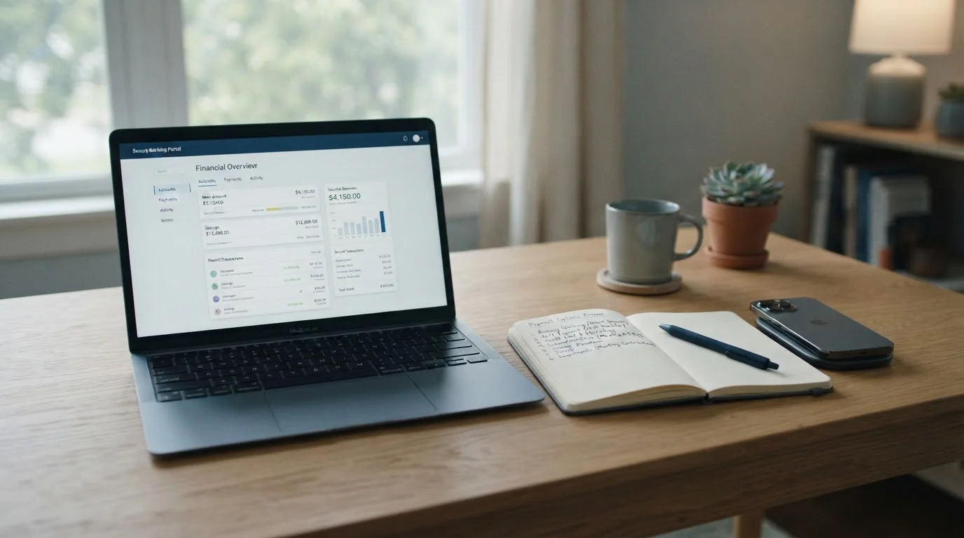 A tidy desk with a laptop open to a neutral banking interface and a notebook listing payment options