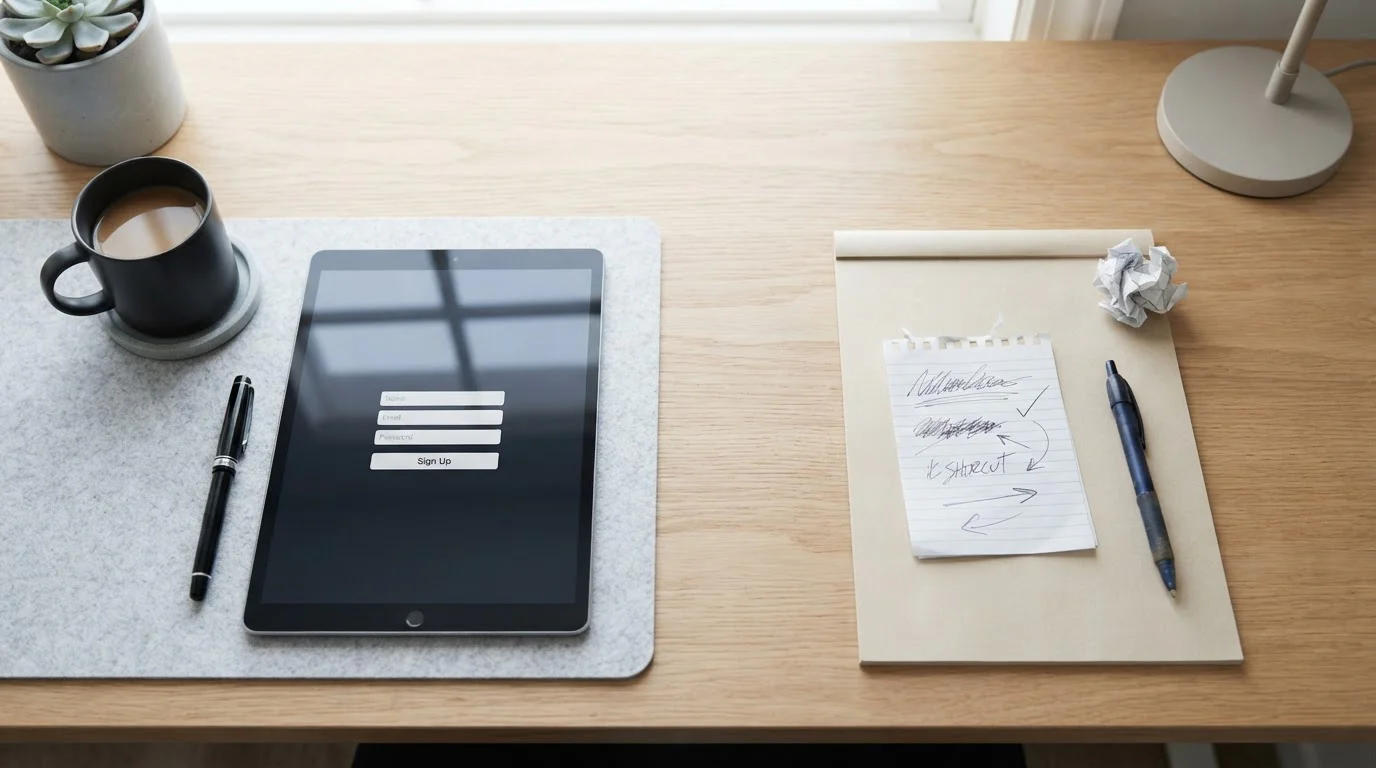 Two casino sign-up paths weighed on a desk, a fast licensed form beside an offshore shortcut