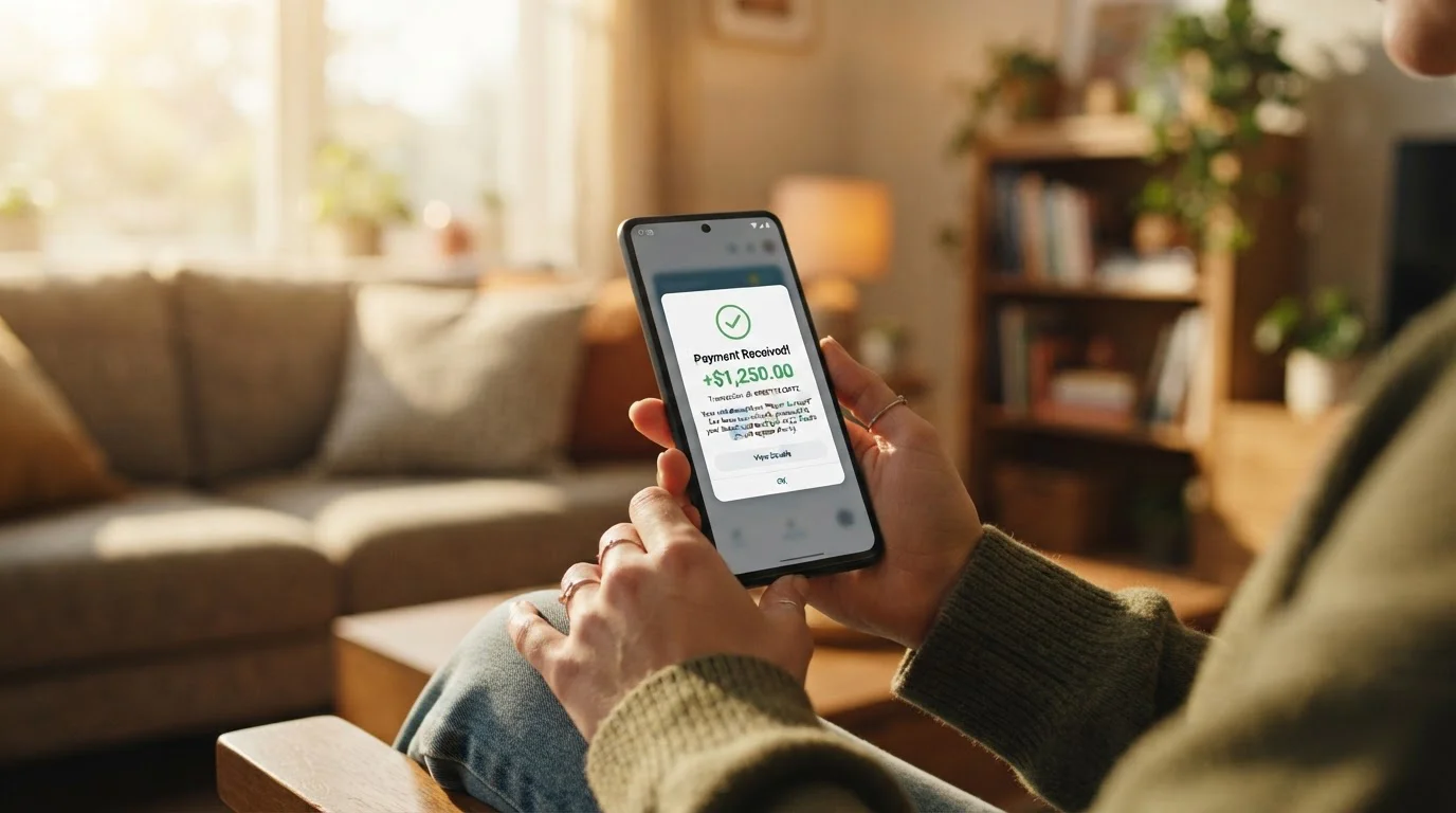 Hands holding smartphone showing payment confirmation notification